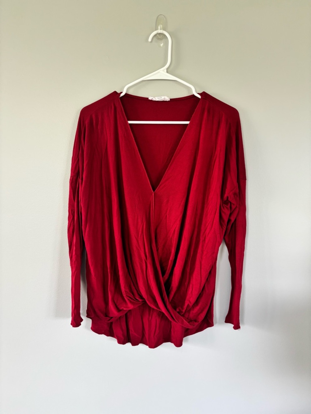 Women's Deep V Twist-Front Long Sleeve Top - Deep Red